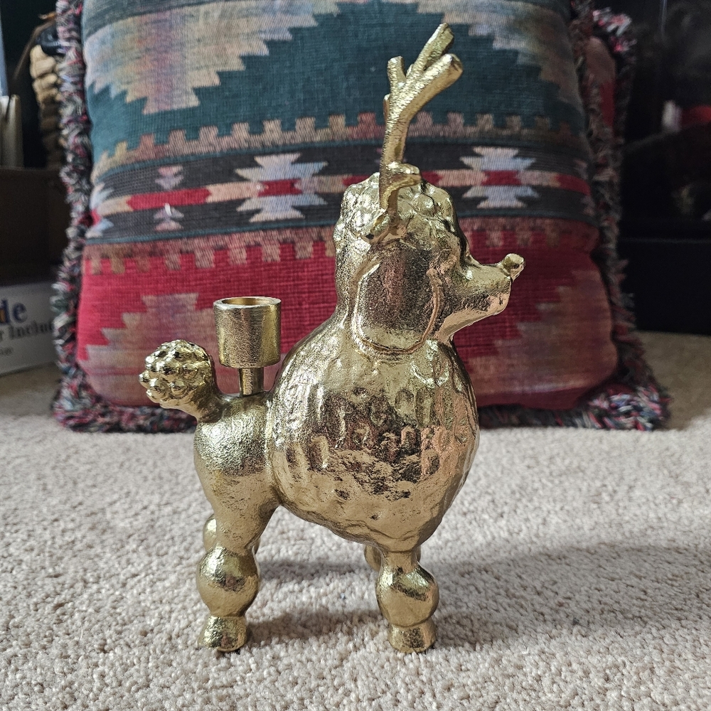 Opalhouse Poodle Dog Reindeer w Antlers Gold Metal heavy Candlestick Holder 9.5" - Picture 6 of 8